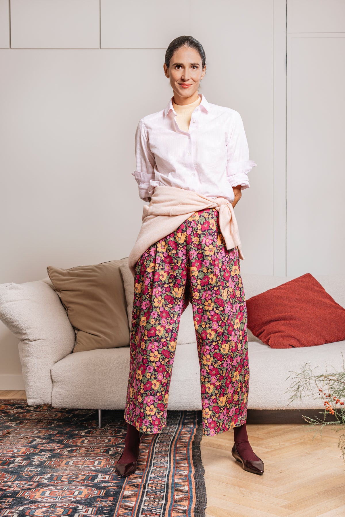 Pantalone donna PARISETTE Fiori d'Autunno in cotone, fantasia floreale multicolore e vita alta – Paglia Milano.