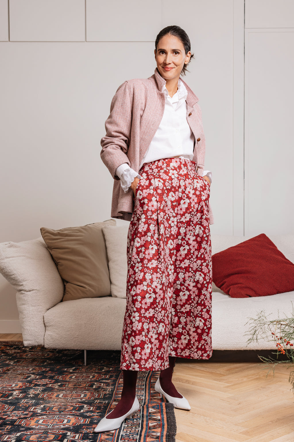 Pantalone PARISETTE Giardino Segreto rosso floreale in cotone – Paglia Milano.